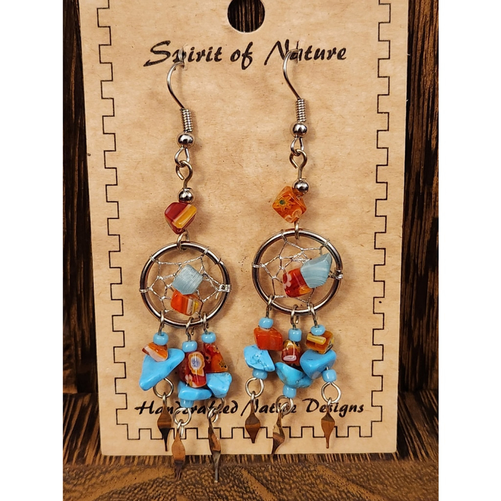 Spirit of Nature Dreamcatcher Earrings Silver hooks with Blue and red stones